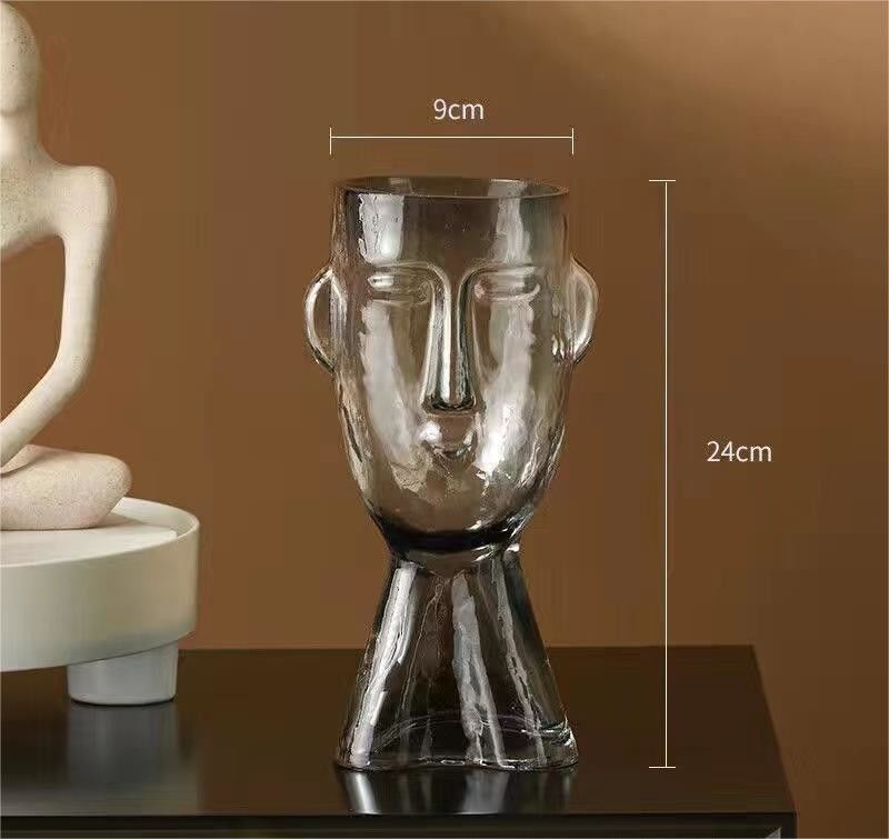H24cm Unique Modern Human Face Shaped Glass Vase Decor for Office Home Living Room Entryway